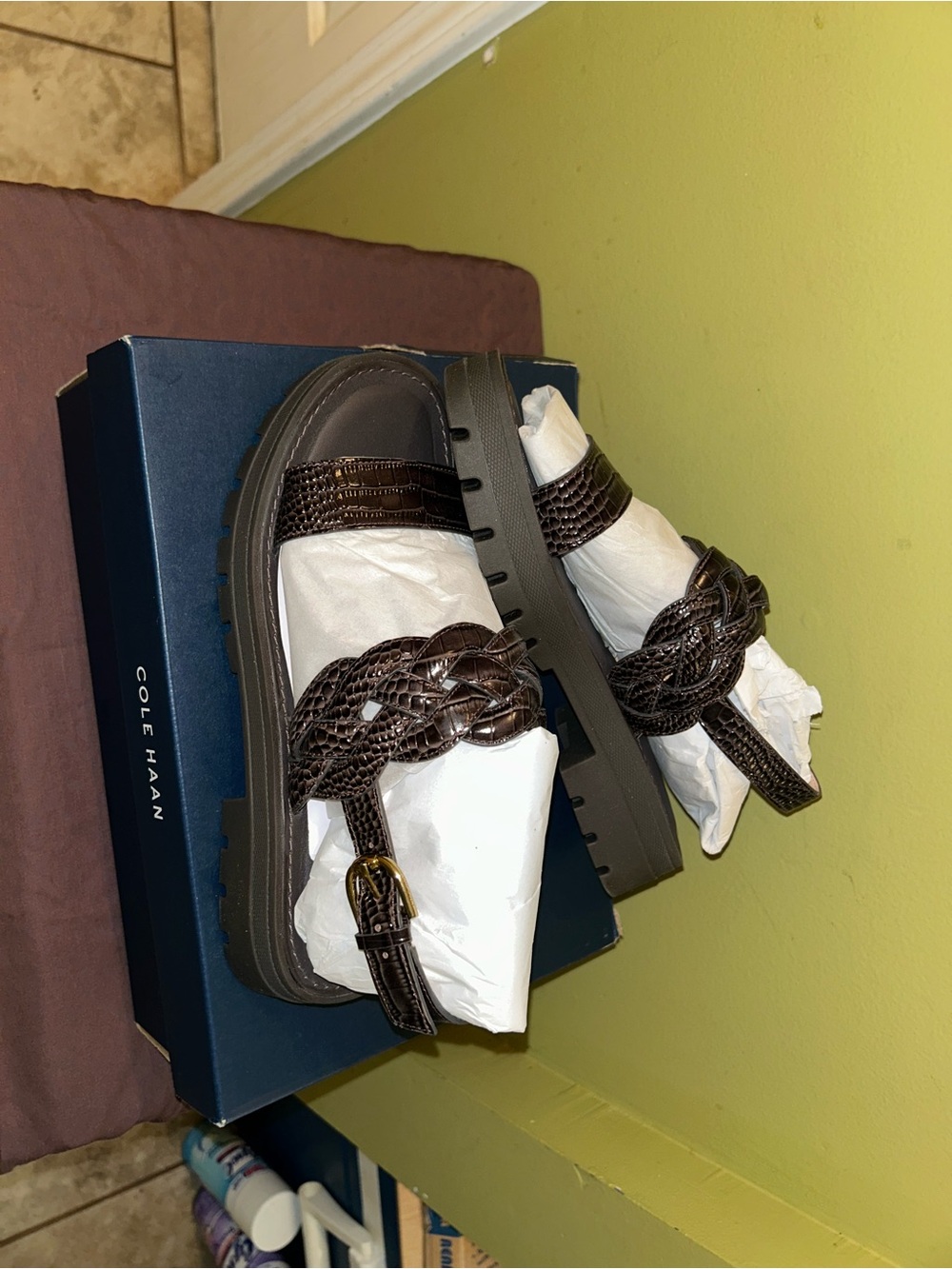 Cole Haan Dark Brown Braided Leather Lug Sole Sandals